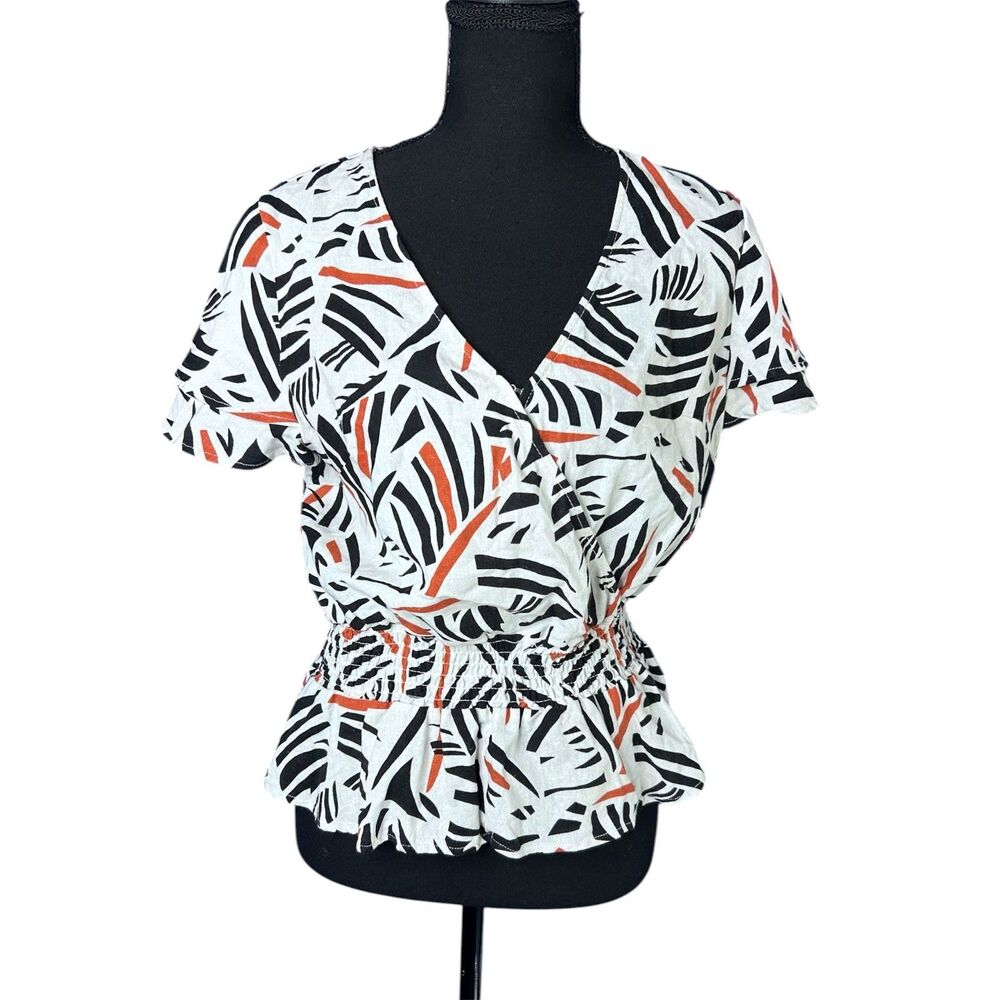 Mi Ami Womens Geometric Alena Peplum Top - L Ruffle Zebra Cinched Abstract Linen